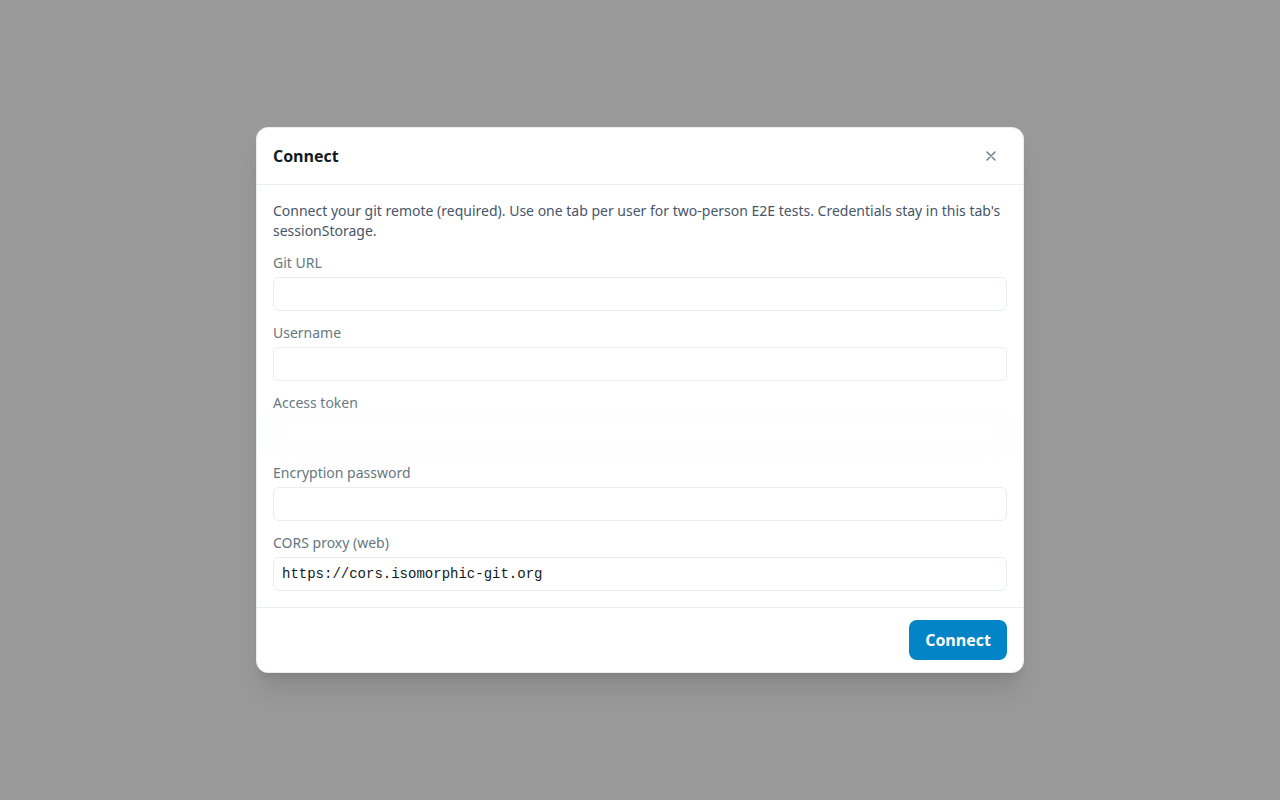 Connect form with git URL, username, access token, encryption password, and CORS proxy