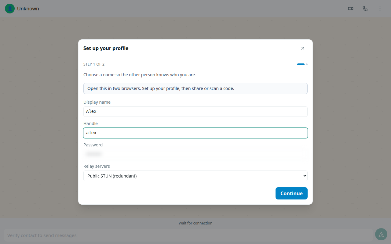 Profile setup dialog with display name and handle fields