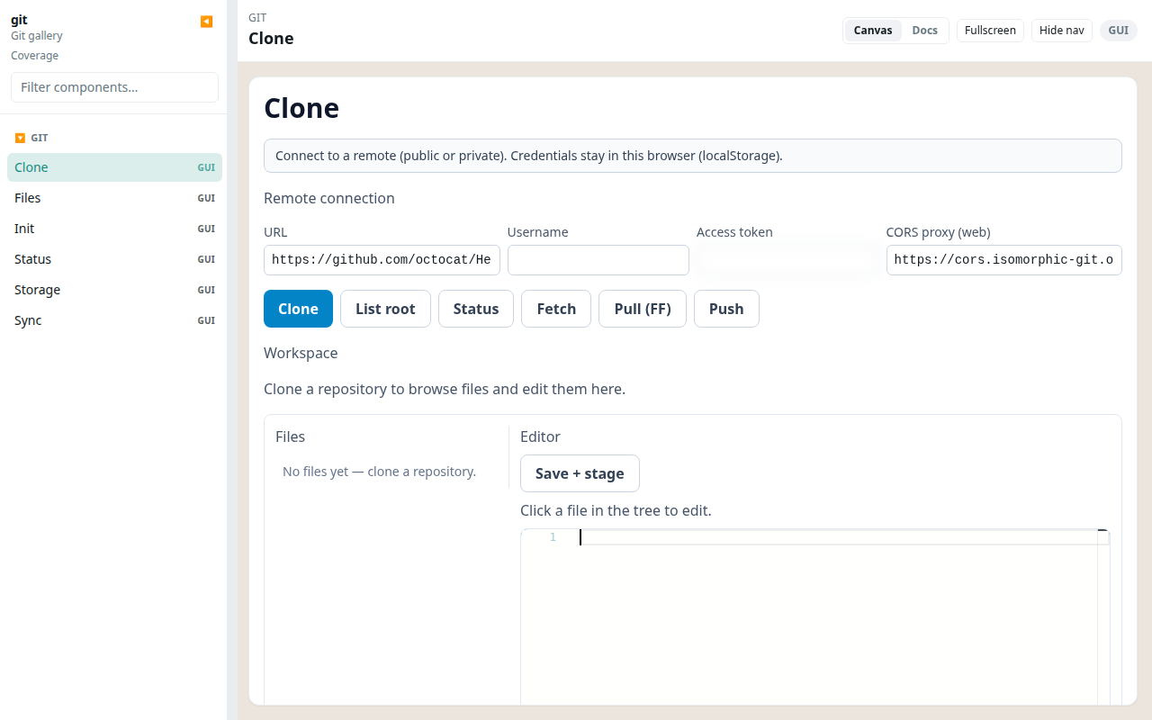 Git storage experience showing repository files and commands